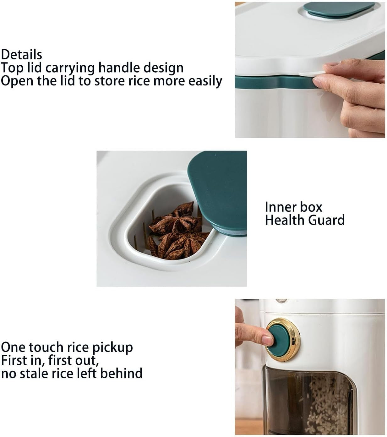 10KG Press Rice Dispenser PP Sealed Slim Grain Storage Bin Gray