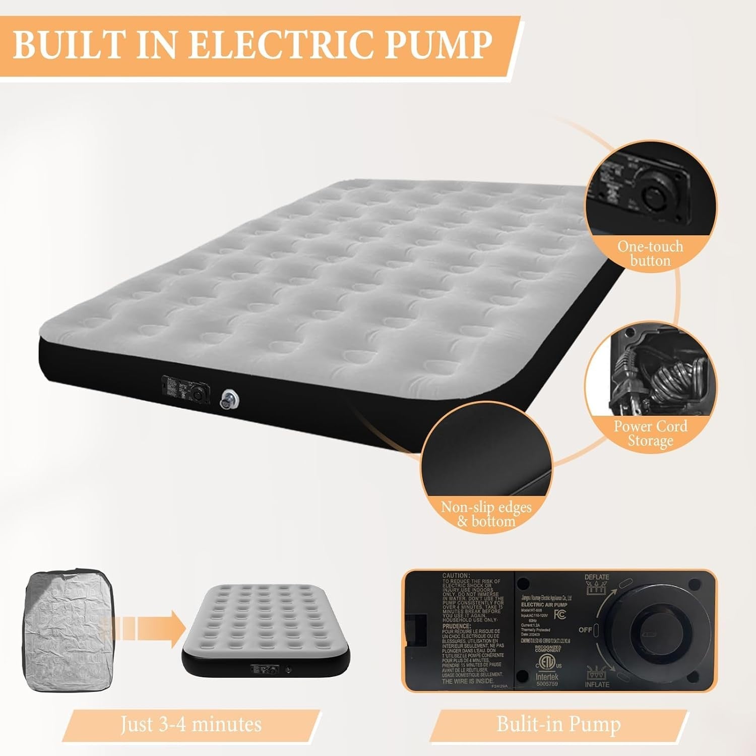 Double Inflatable Air Mattress Built-In Pump Plush Top Camping Bed