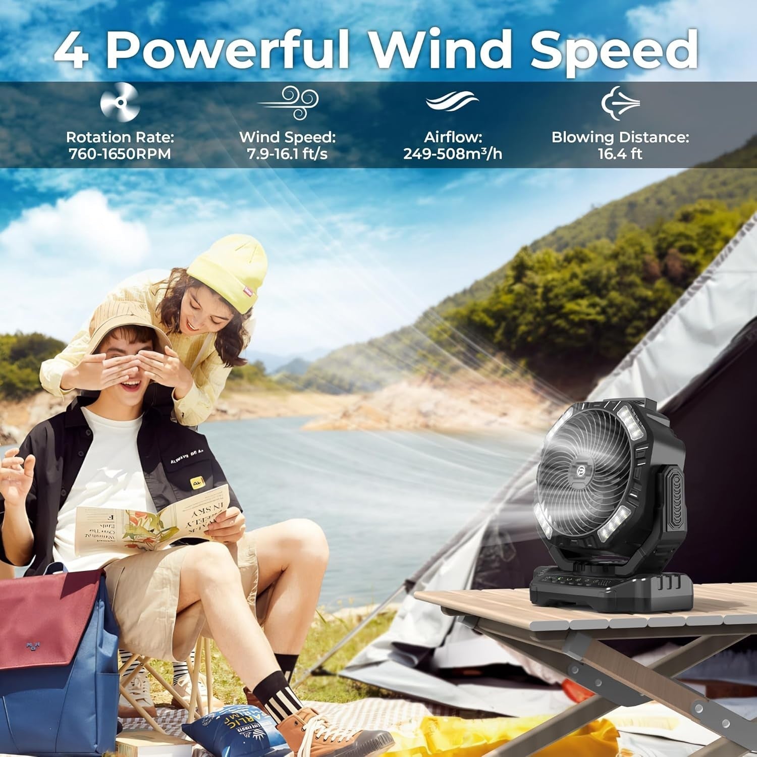 Portable Camping Fan – Long 40000mAh Rechargeable w LED Light Remote Timer Quiet