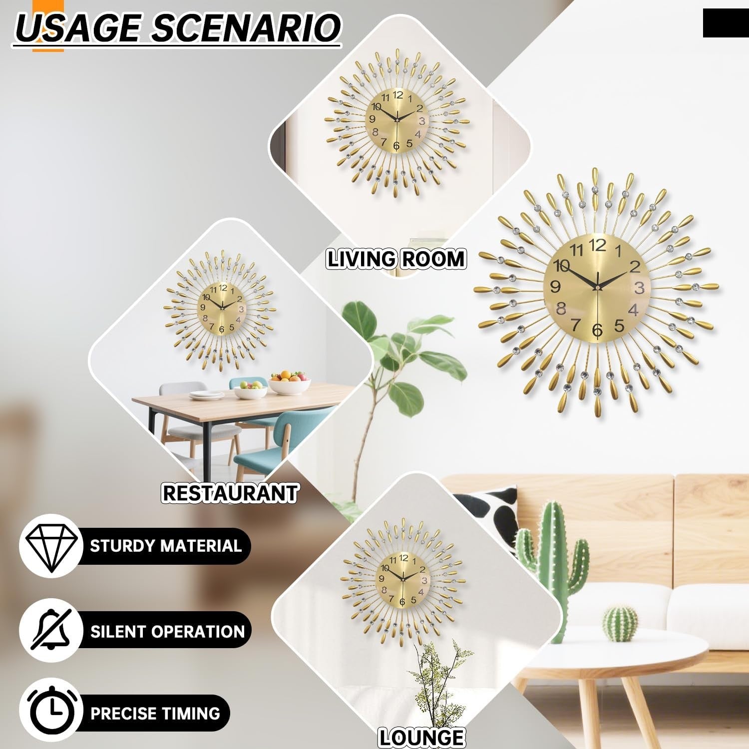 50cm Large Gold Wall Clock – Silent Quartz Modern Sunburst Decorative Design