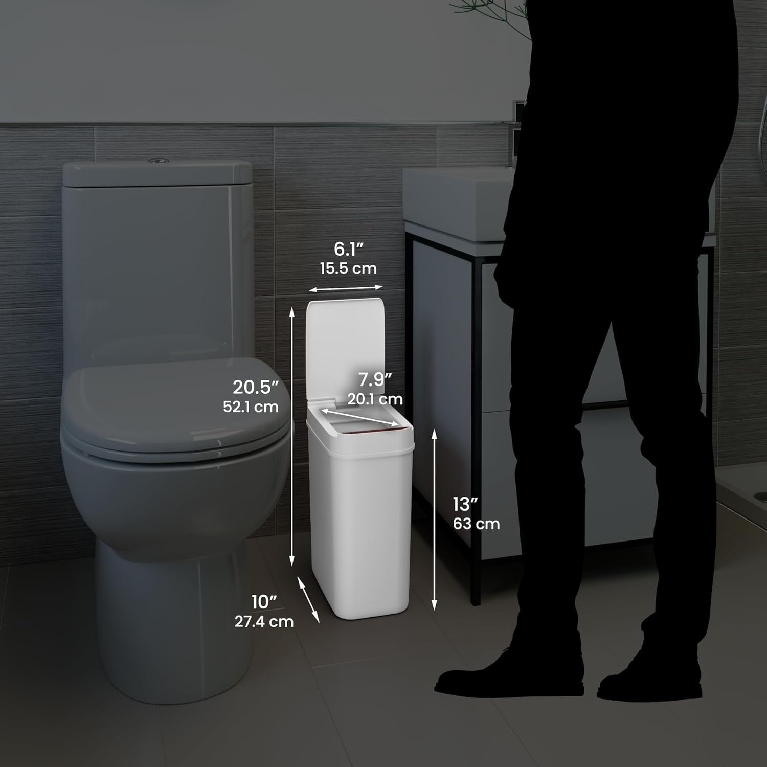 3 Gallon Touchless Bathroom Trash Can 10L Slim Sensor Bin White