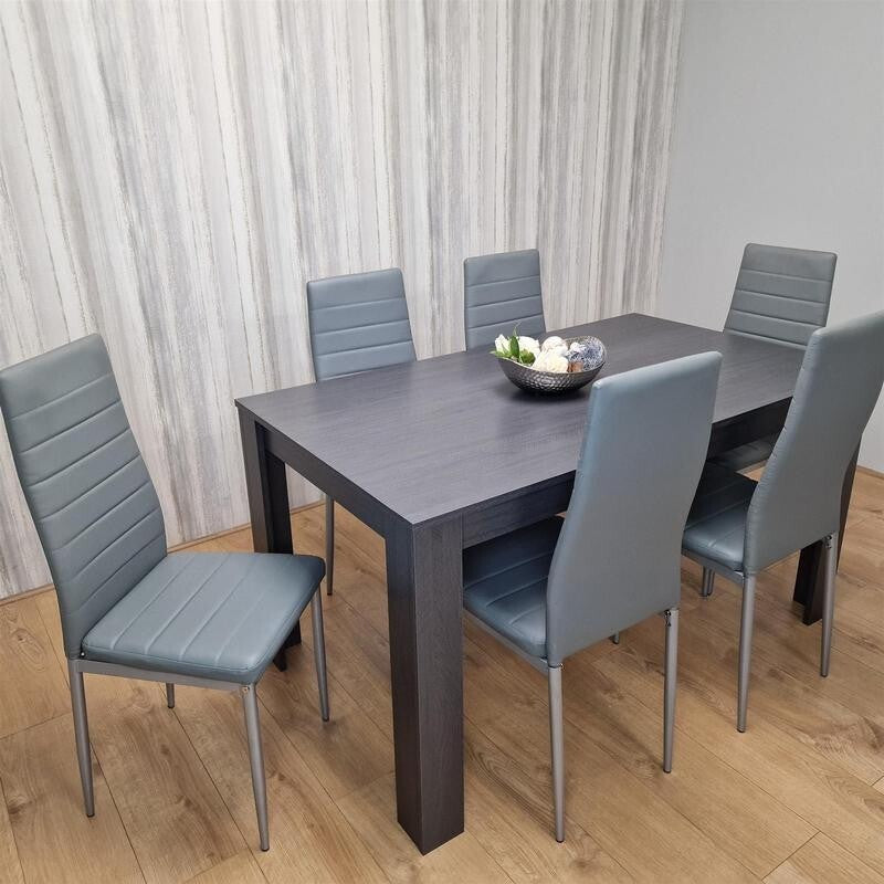 Dark Grey Dining Table Set with 6 Faux Leather Chairs Modern Kitchen