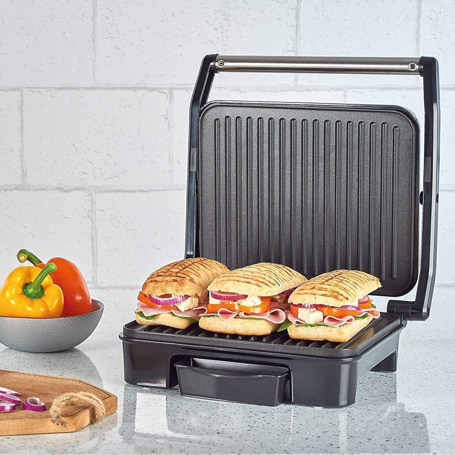 2000W Panini Press Grill 33cm Non Stick Plates Temp Control