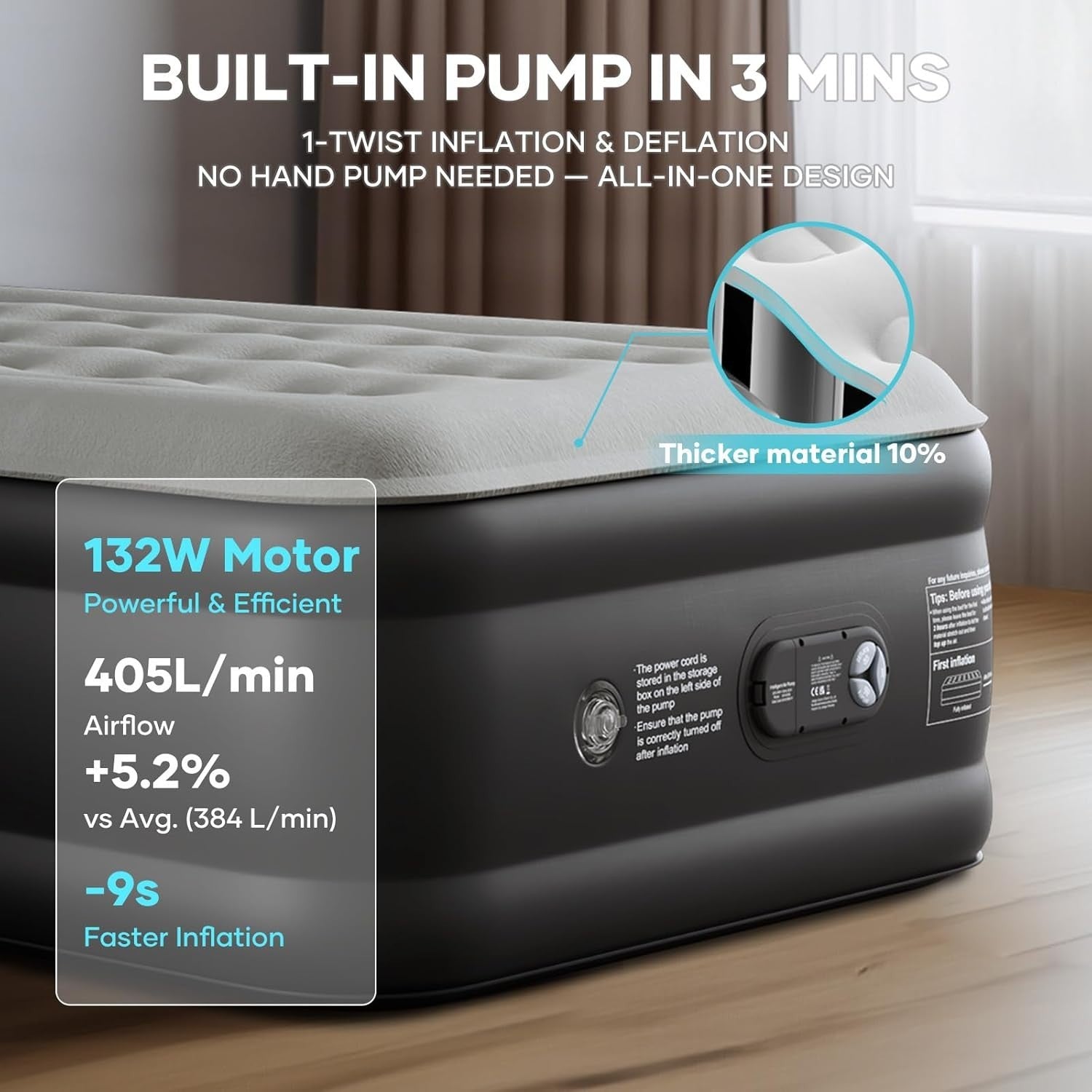 Single Inflatable Air Bed Built-In Electric Pump 50cm High Flocked Mattress