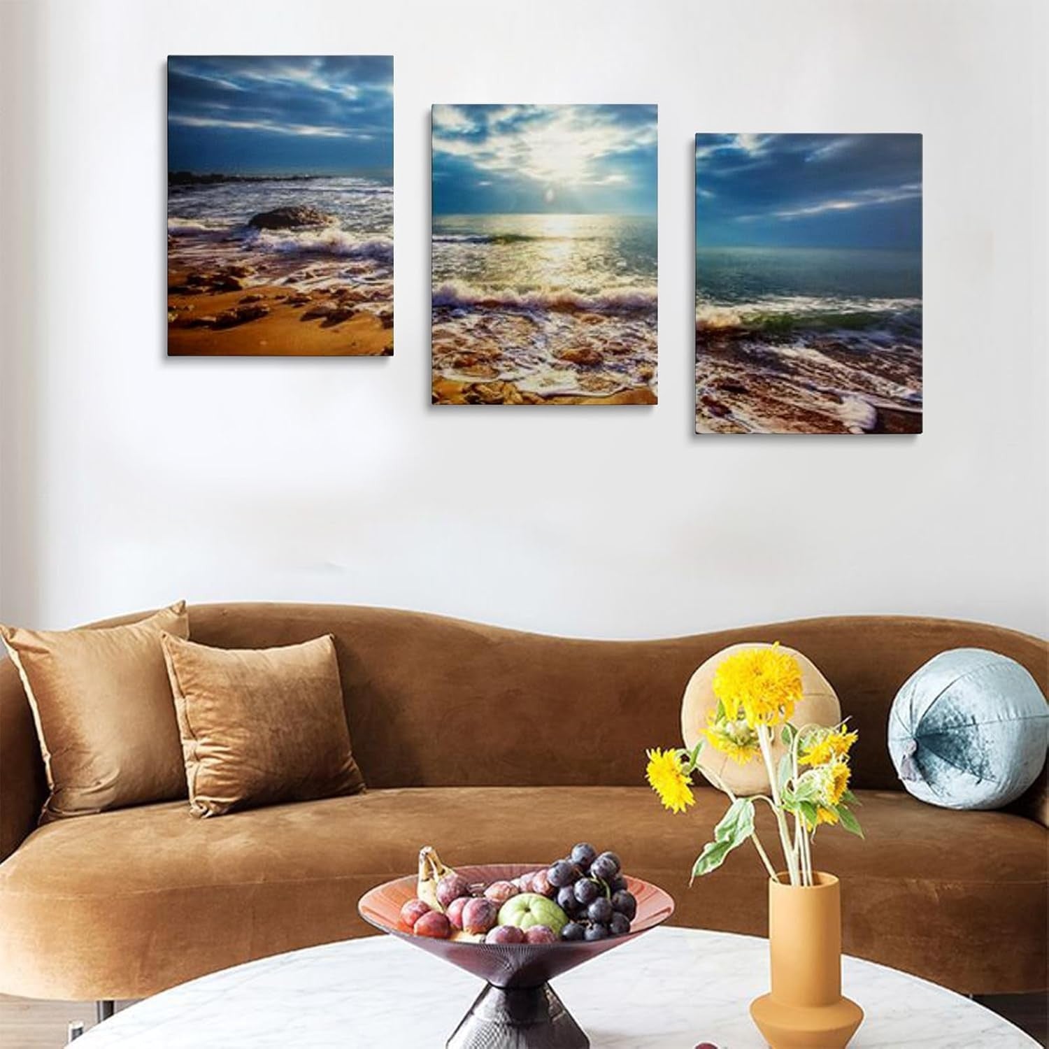 Sea Beach Wall Art Set of 3 Framed Canvas 12x16in Ocean Print