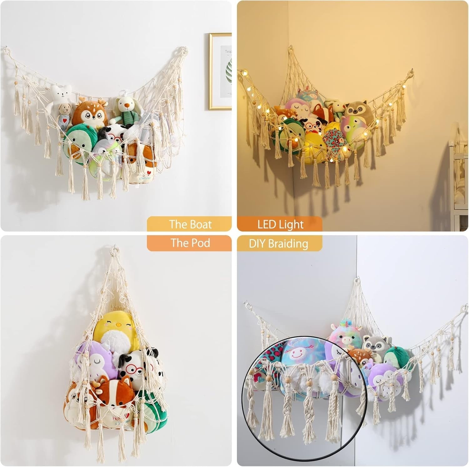 White Macrame Toy Hammock – Stuffed Animal Storage Net with Hooks – Nursery