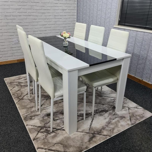White Black Dining Table Set with 6 Leather Chairs Modern MDF 140cm