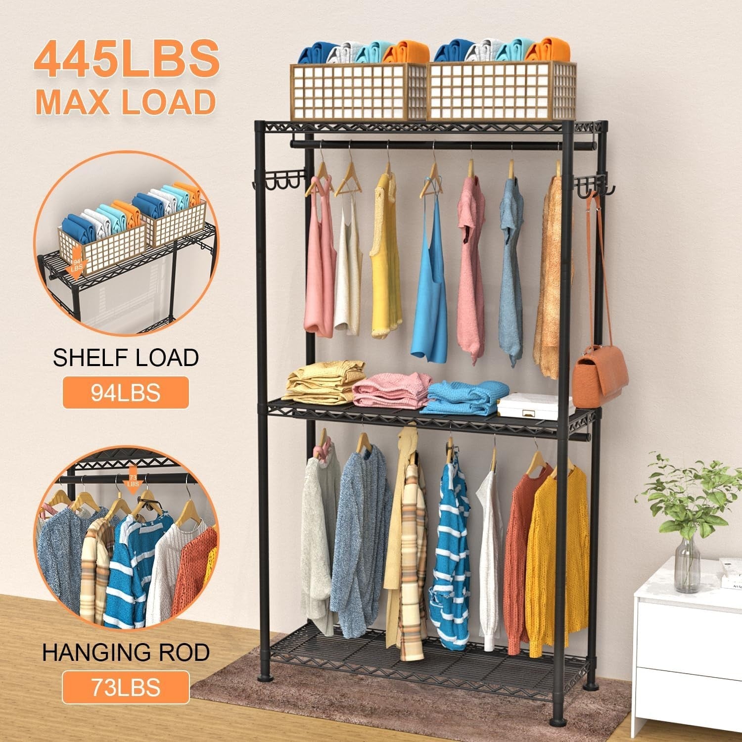 Heavy Duty 3-Tier Clothes Rail with Wheels & Double Rods – Black 90×40×200cm