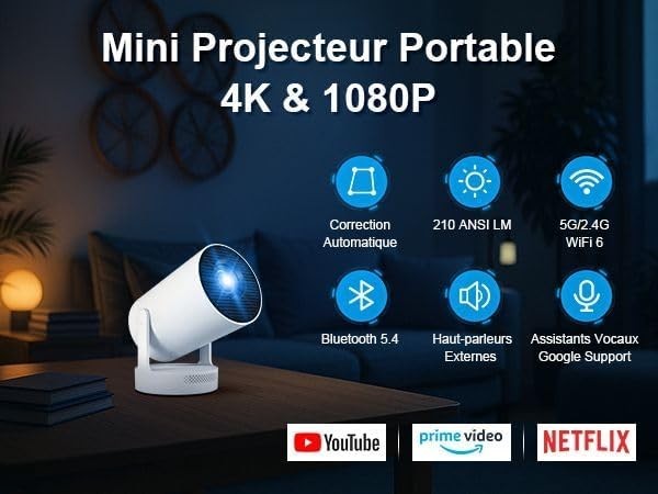 1080P Android WiFi Mini Projector 12000 Lumens 4K Support Portable