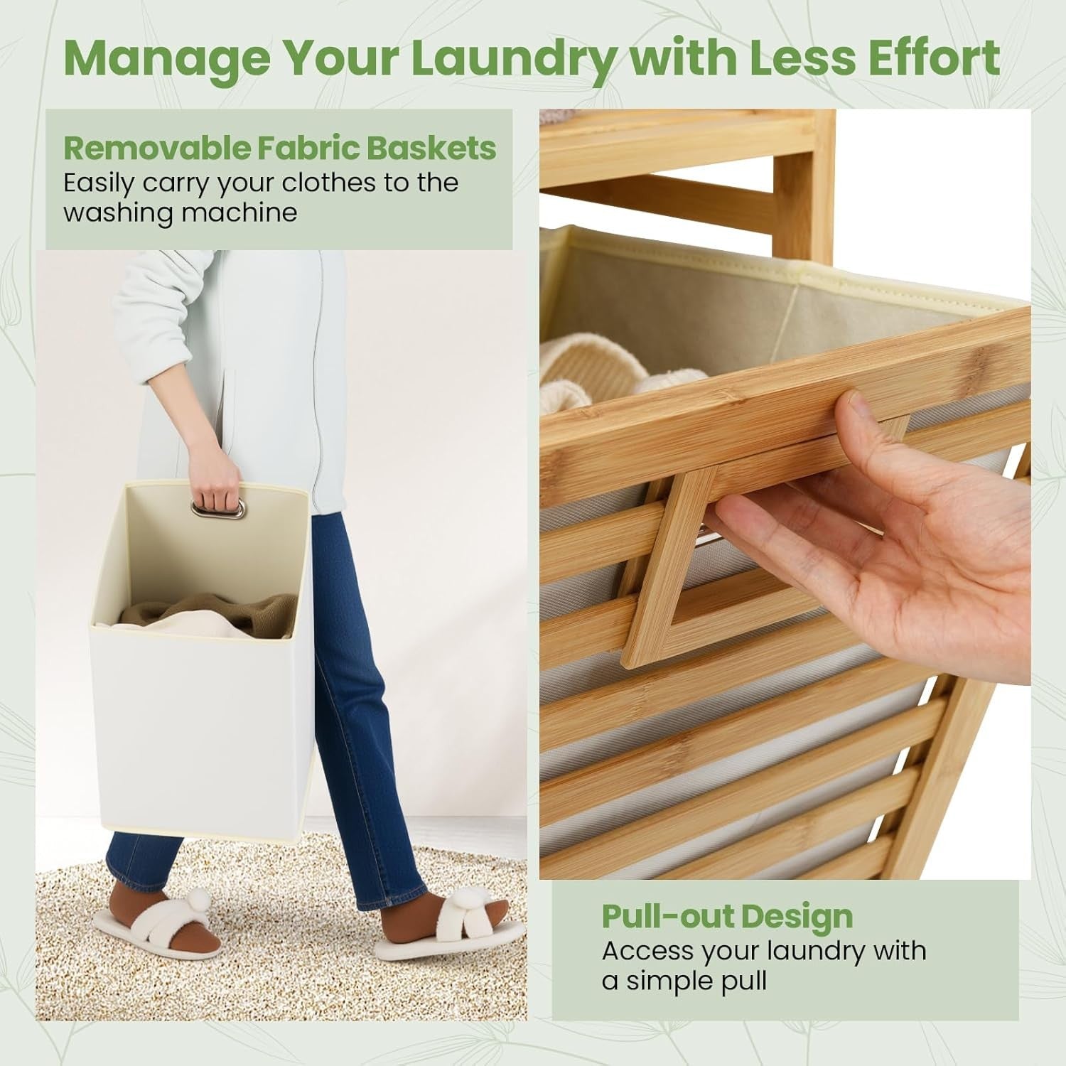 Bamboo 2 Compartment Tilt Out Laundry Hamper Cabinet with Shelves 80x30x72cm