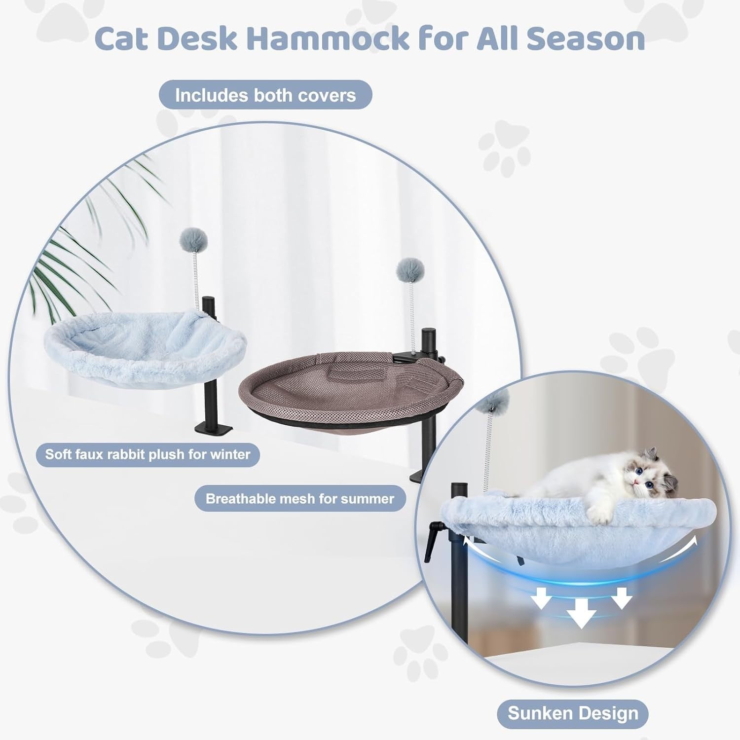 360 Rotating Desk Cat Bed Adjustable Cat Hammock with Washable Mats