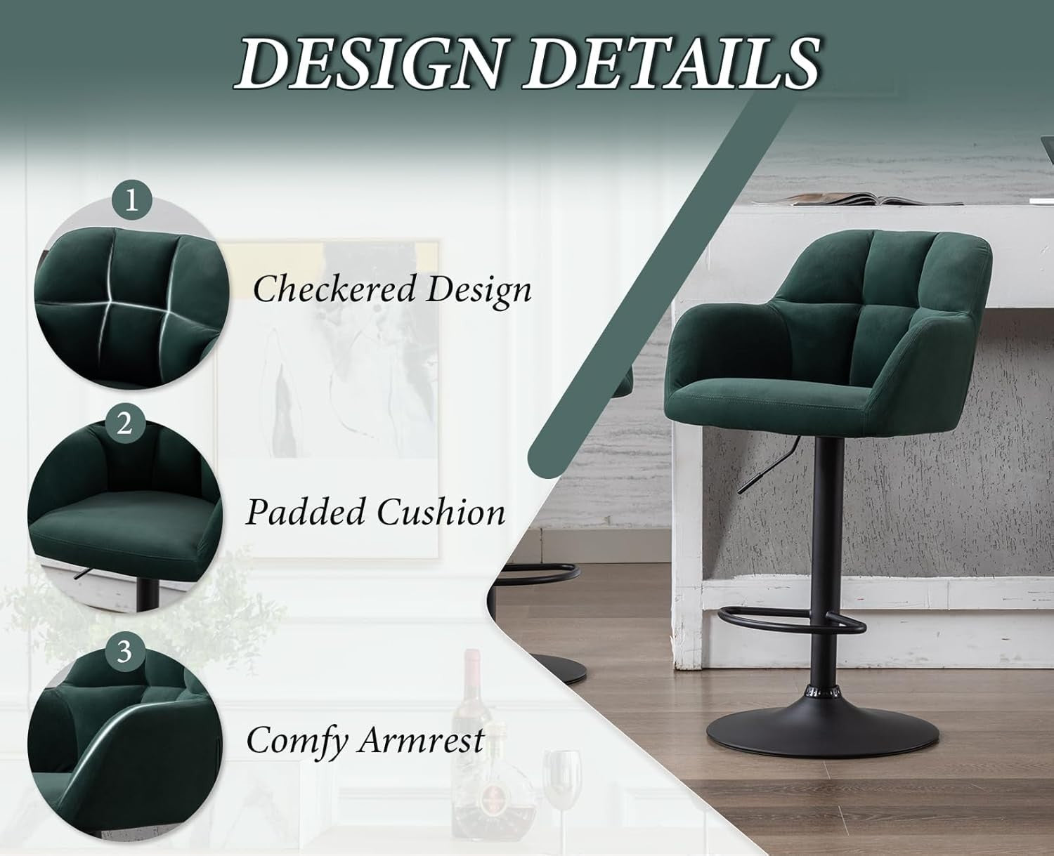 Set of 2 Green Velvet Swivel Bar Stools Adjustable Height Modern