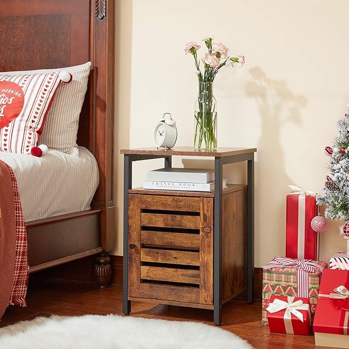 Rustic Brown Industrial Bedside Table with Drawer & Adjustable Shelf