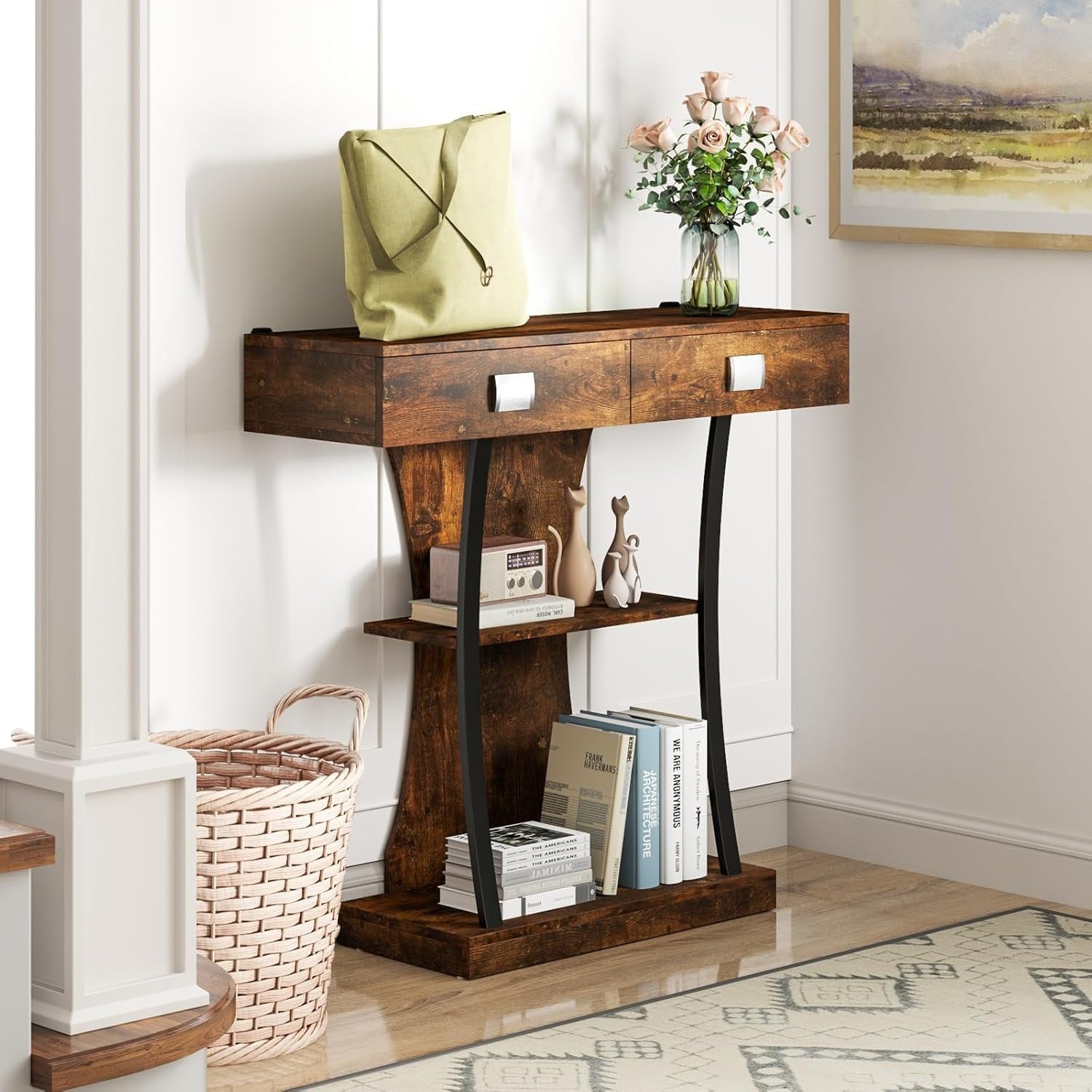 Narrow Rustic Brown Console Table with 2 Drawers & Storage Shelves