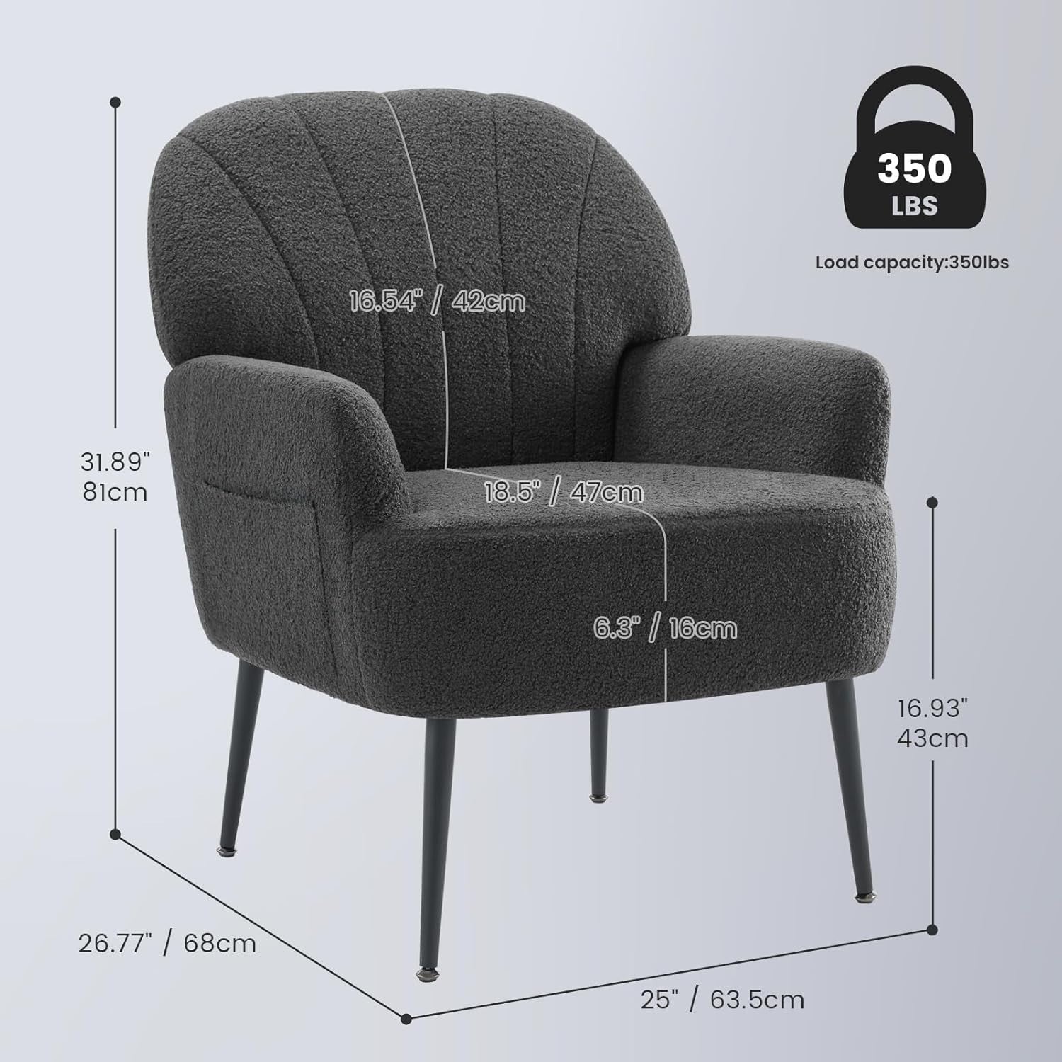 Teddy Fluffy Fabric Tub Chair, Metal Legs, Mid-Century Design for Living Room, B