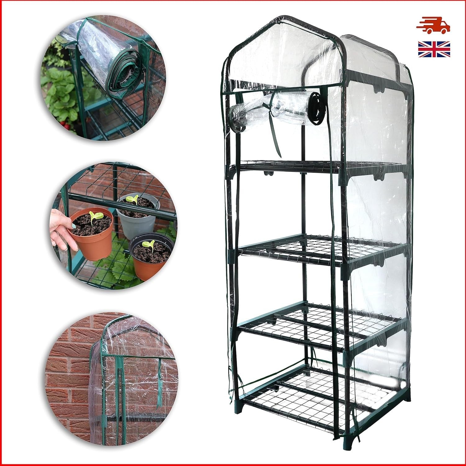 4 Tier Mini Greenhouse with Clear PVC Cover | Heavy Duty Steel Frame | Compact