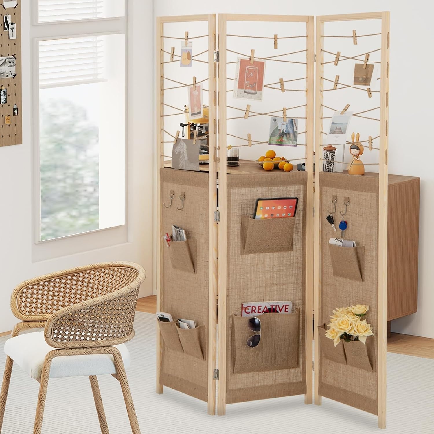 3 Panel Fabric Folding Room Divider with Hooks & Storage Pockets 120x170cm