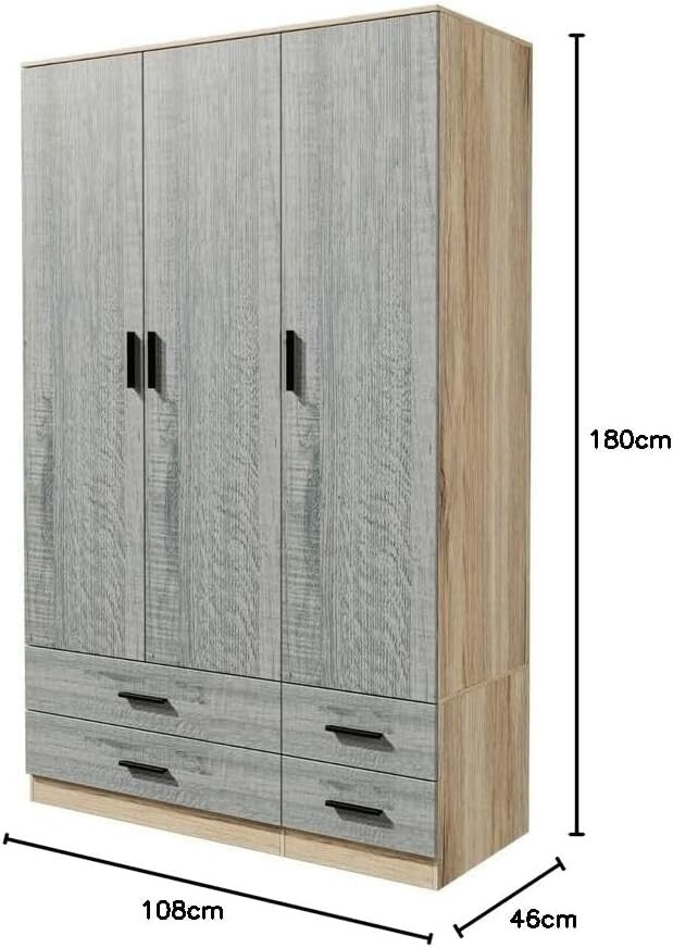 Oak & Ash Grey Wardrobe 3 Door 4 Drawer Storage Modern Bedroom Closet