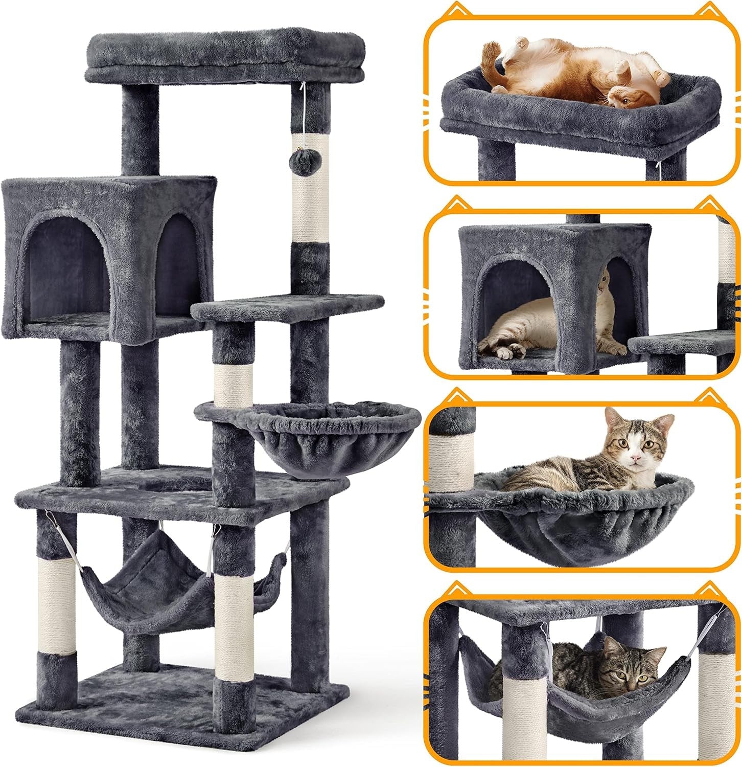Cat Tree Tower 130cm Multi Level Scratching Post Condo Hammock Dark Grey