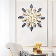 Large 55cm Leaf Wall Clock Silent Blue Gold Modern Metal Decorative Home Decor