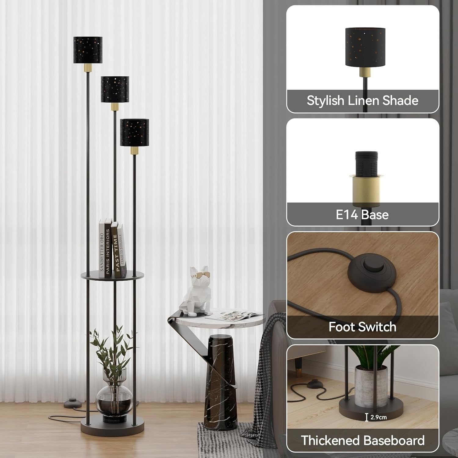 3 Light Floor Lamp with Shelves Tall Standing Lamp Modern Living Room
