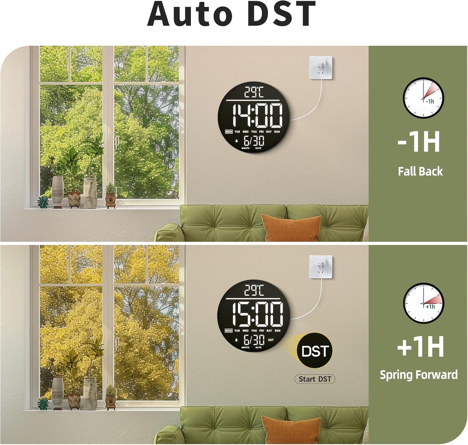 White LED Digital Wall Clock 10 Inch Remote Control Night Light Display