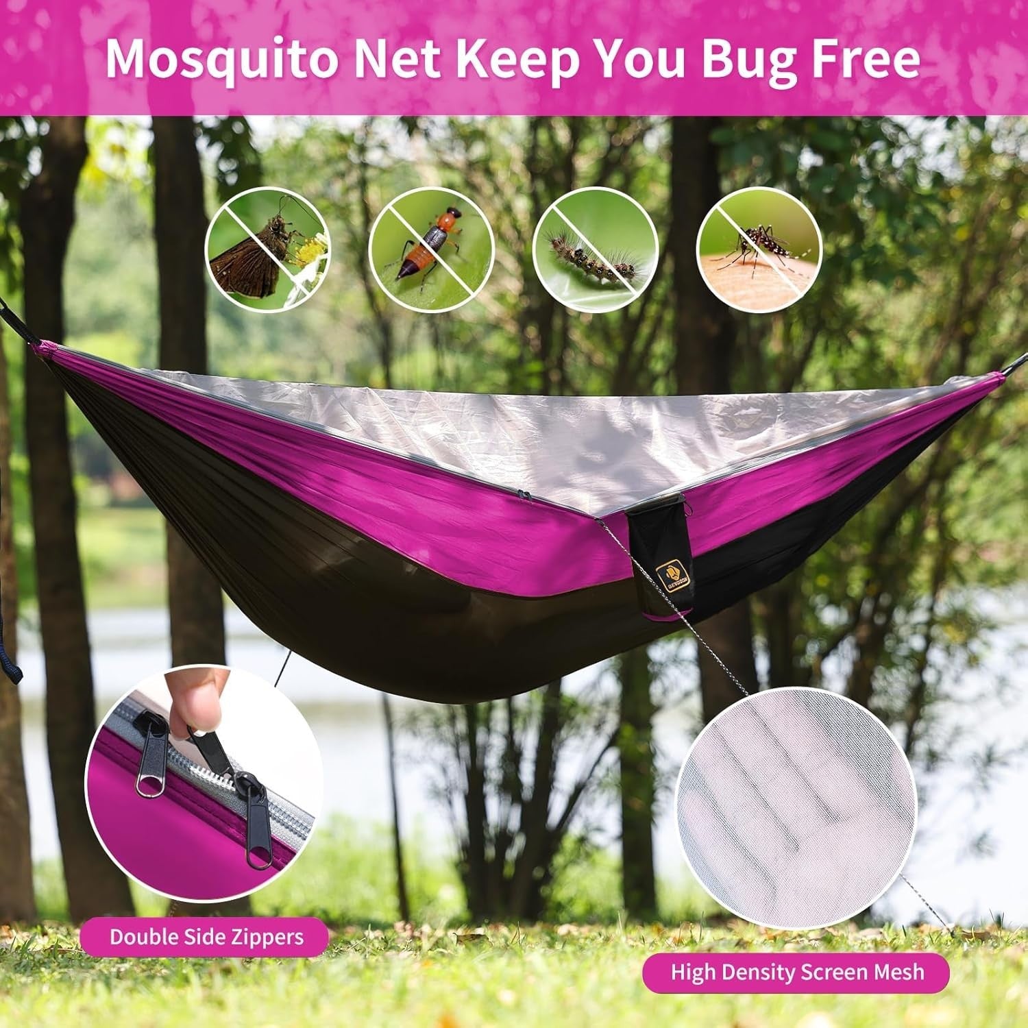 Camping Hammock with Mosquito Net Double Portable Nylon 500lbs Lightweight