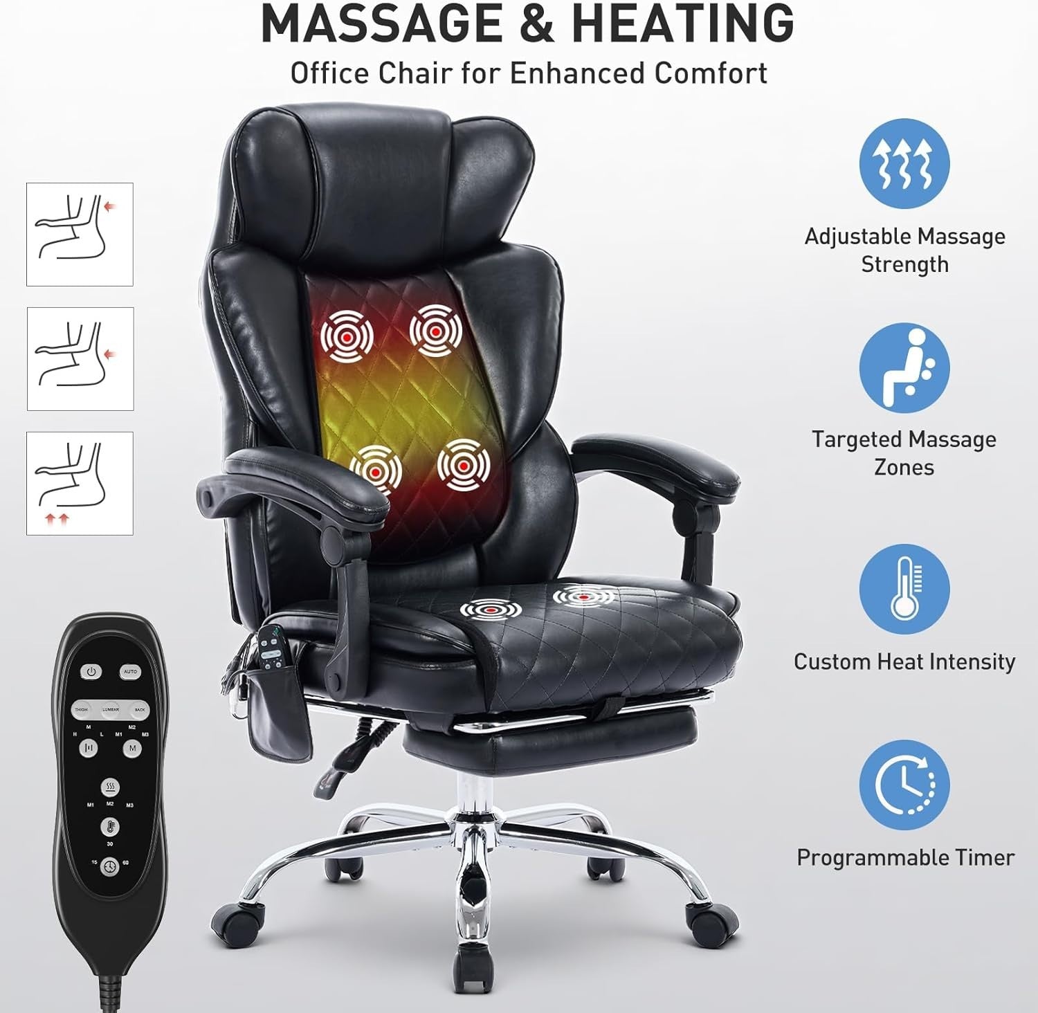 Ergonomic Massage Desk Chair w/ Footrest Heated Lumbar Support Reclining