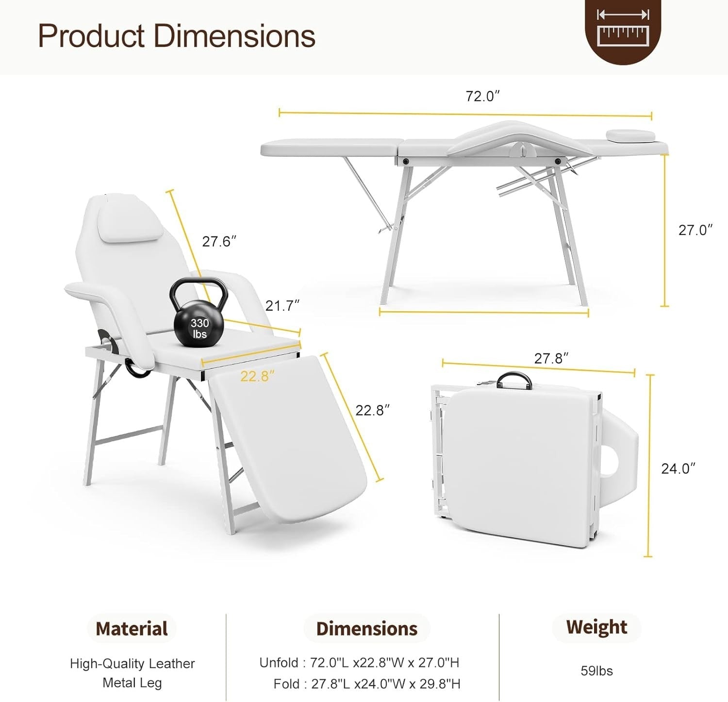 Portable Adjustable Massage Table Folding Beauty Bed Tattoo Spa Chair White