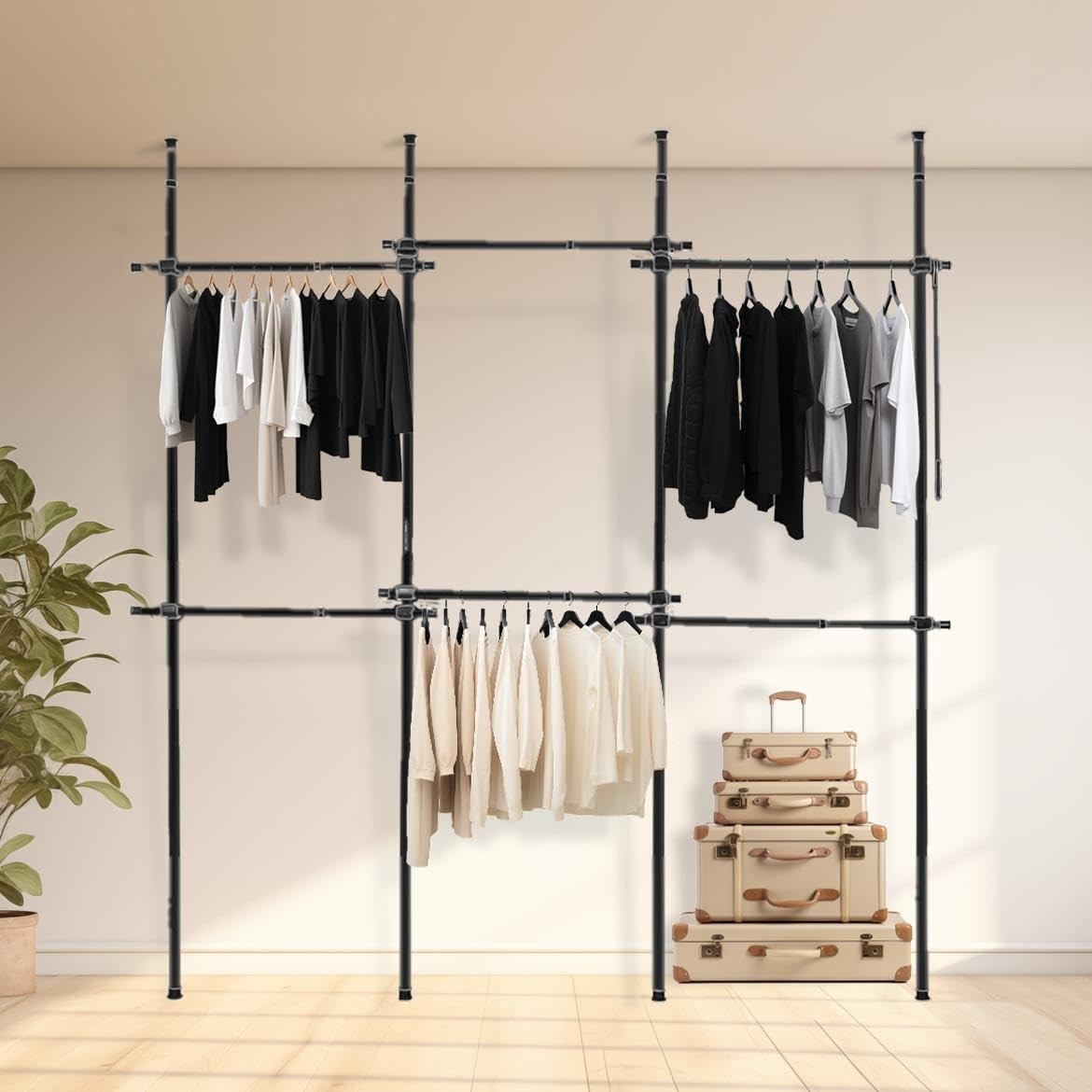 Triple Telescopic Adjustable Wardrobe Clothes Rail Black