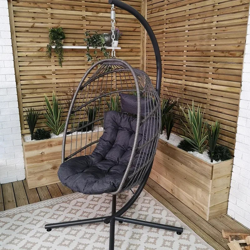 Grey Hanging Egg Chair With Stand & Cushion – Rattan Outdoor Swing Seat