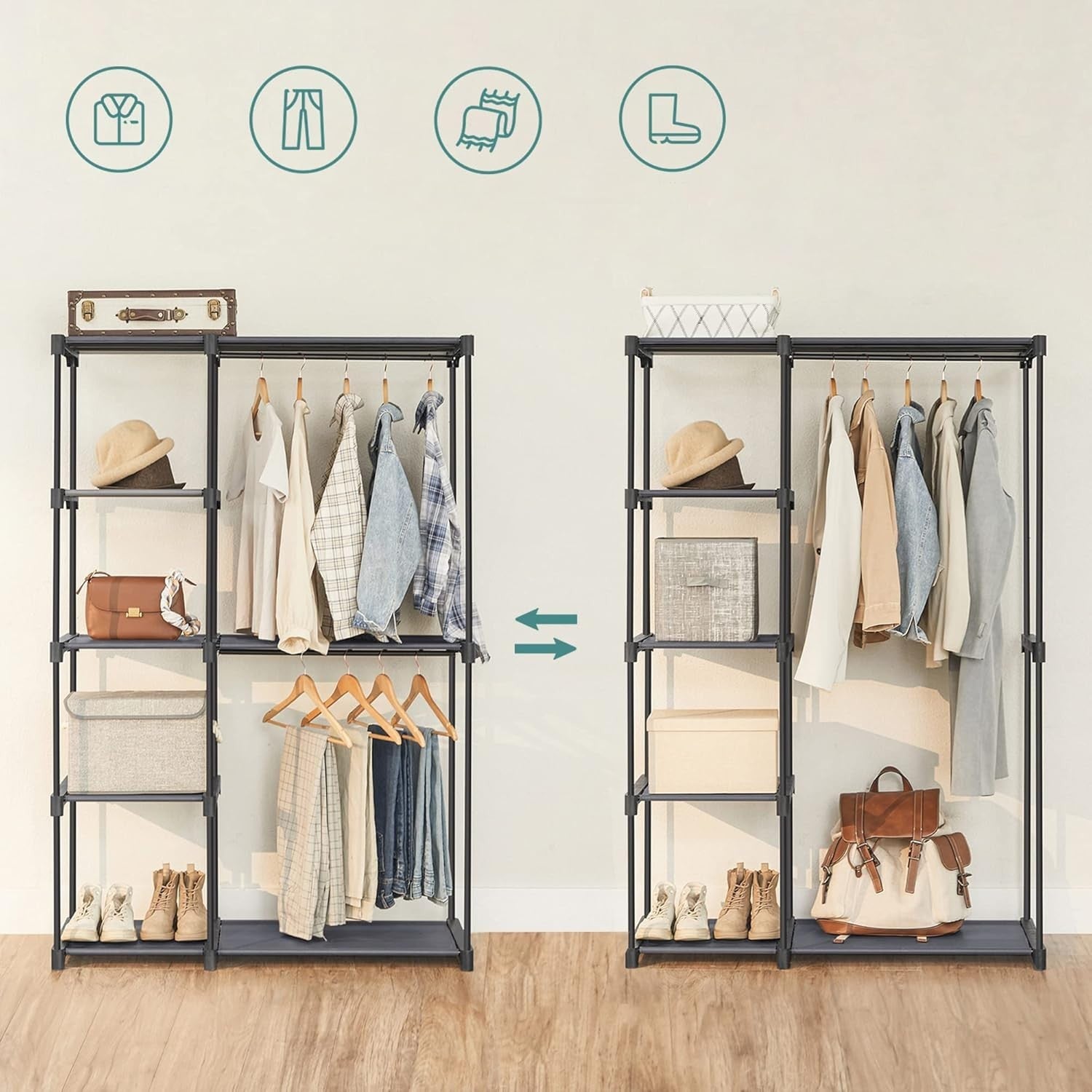 Freestanding Wardrobe with Shelves & Rails – Grey 165cm