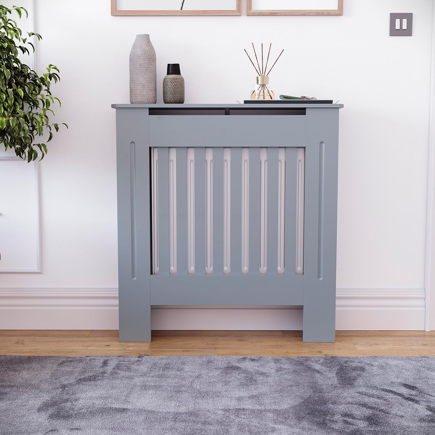 Small Dark Grey Radiator Cover Cabinet | Modern MDF Slatted Heater Cover