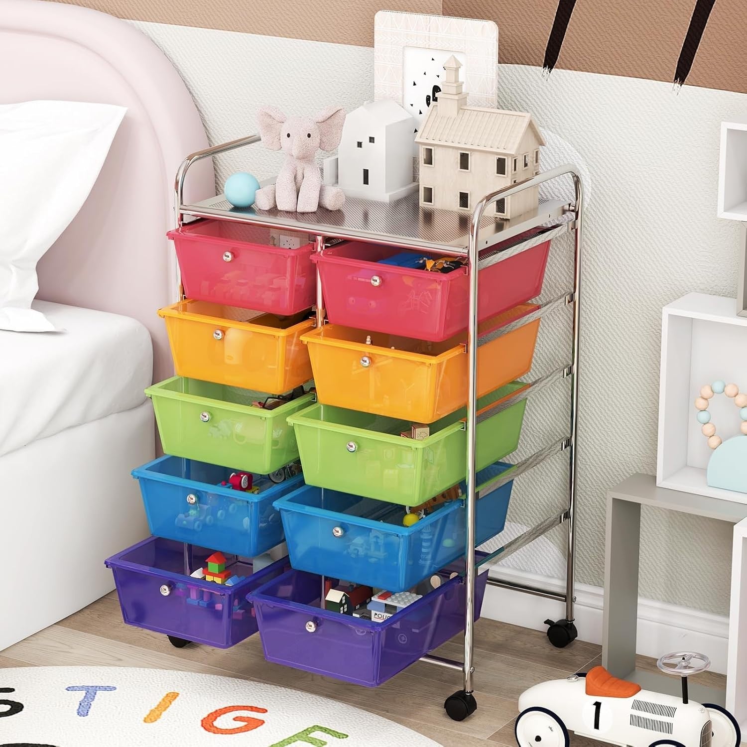 10 Drawer Rainbow Storage Trolley Rolling Organizer Cart with Wheels