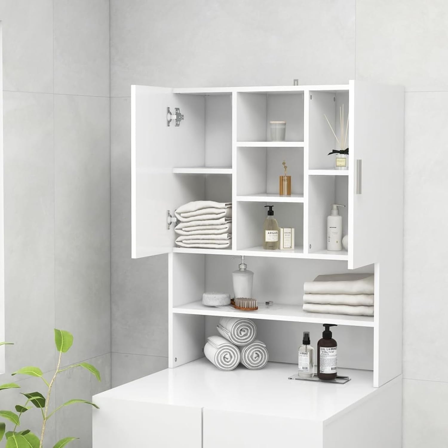 White Washing Machine Cabinet Tall Laundry Storage Unit with Doors & Shelves 90c