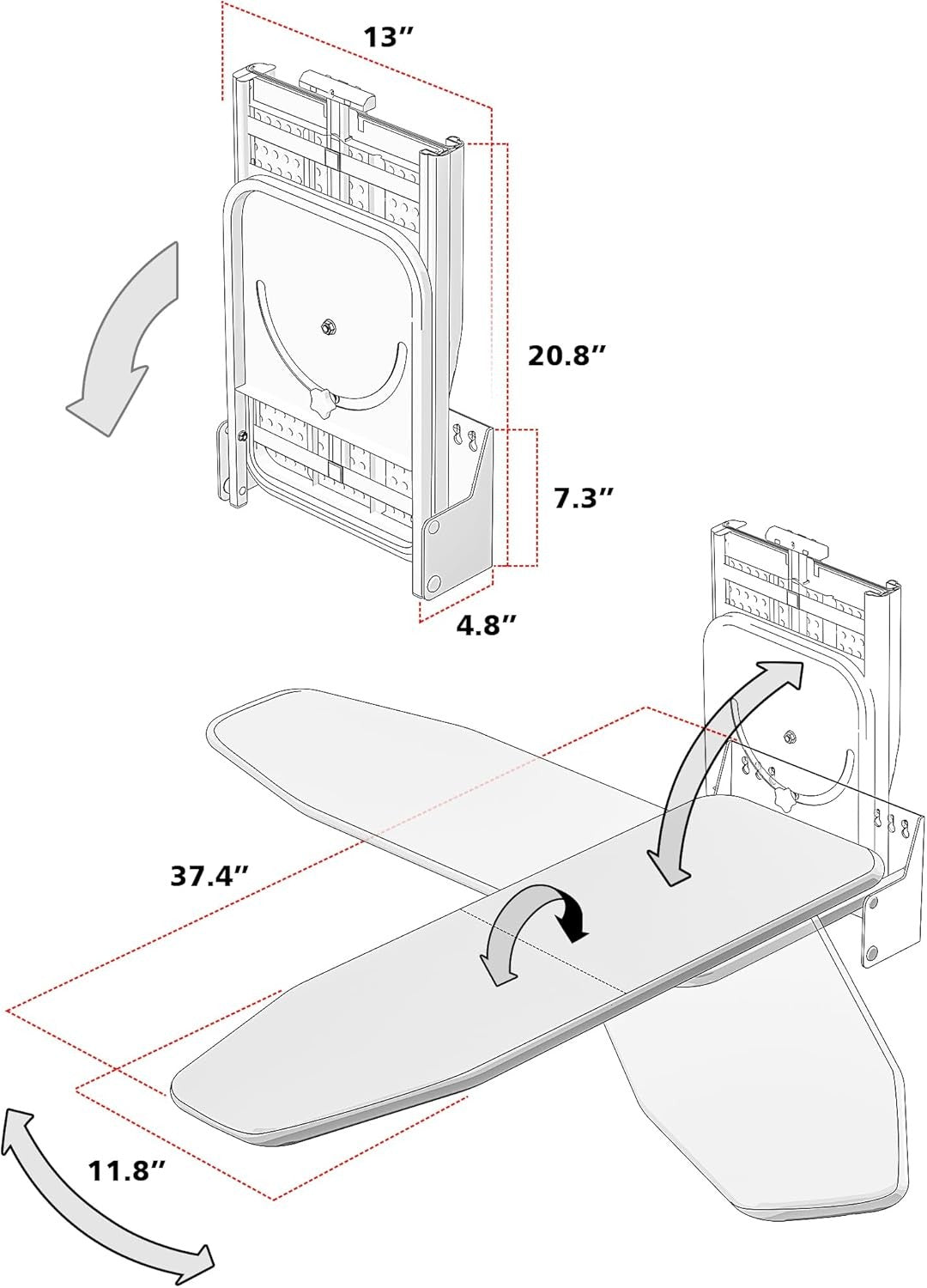 Wall Mounted Ironing Board 180° Swivel Fold Away Space Saving 95x33cm