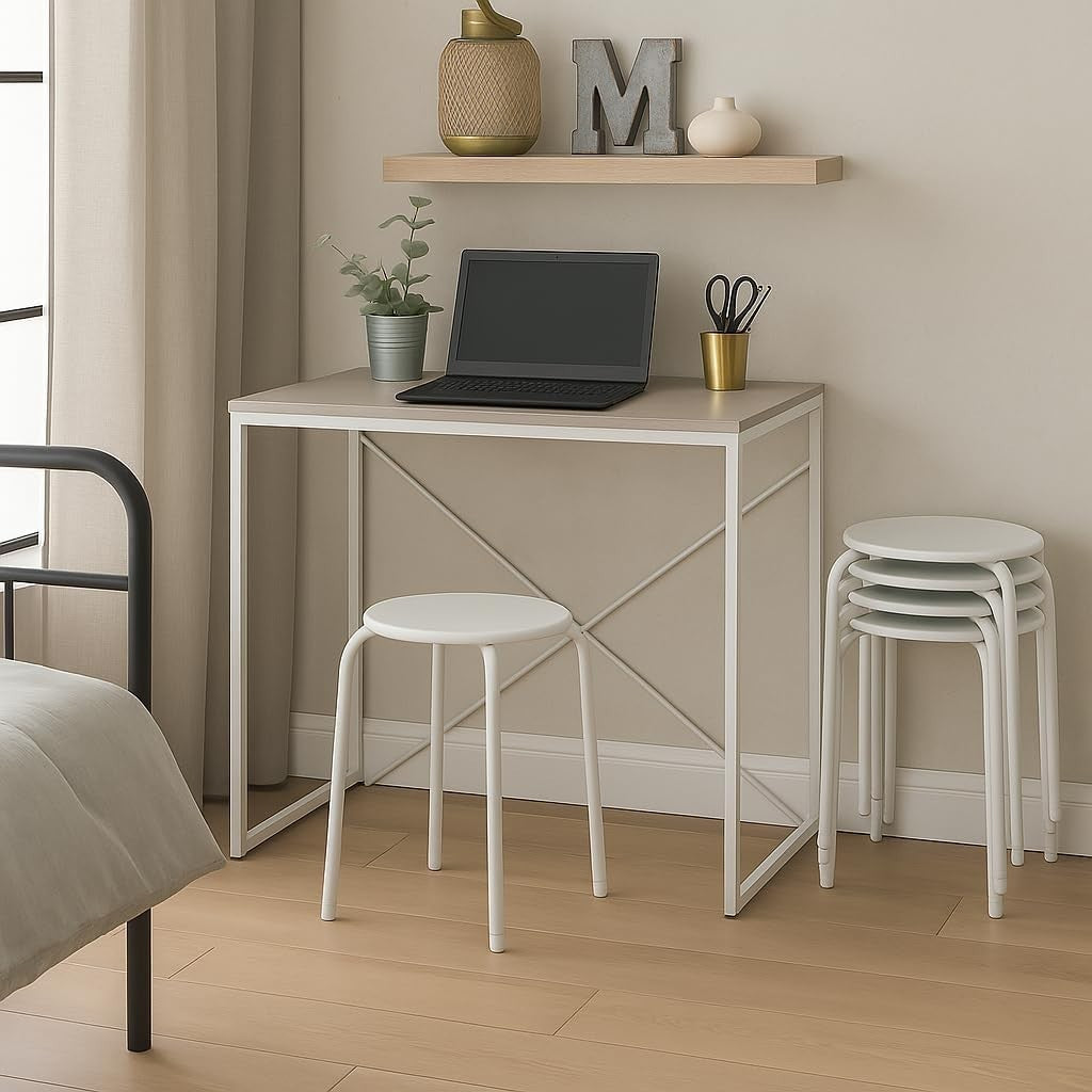 Set of 6 White Metal Stacking Stools Compact Round Modern Kitchen Seats