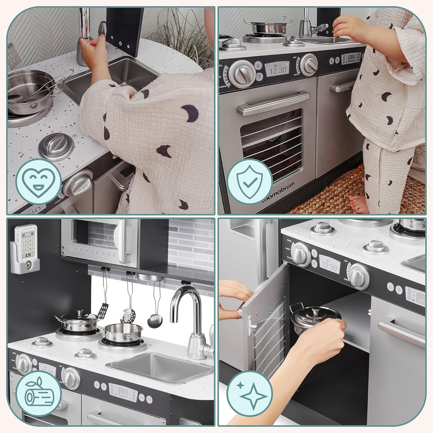Wooden Kids Play Kitchen LED Lights Pretend Cooking Set Grey Toy