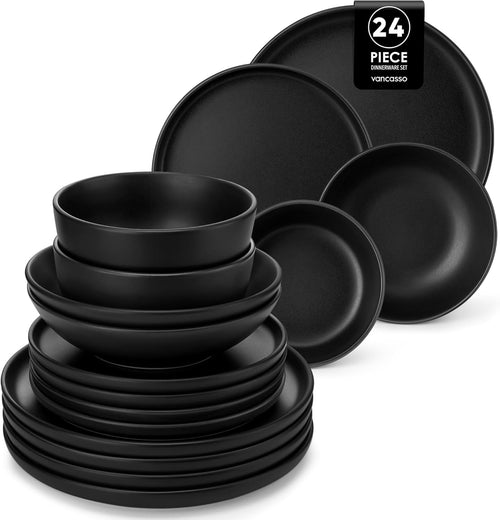 24pc Black Stoneware Dinner Set Matte Glaze Plates Bowls Microwave Safe