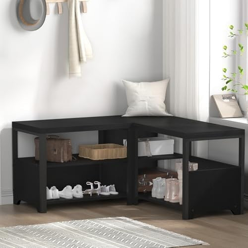 Black Entryway Storage Bench 145cm Shoe Rack Hallway Living Room Seat