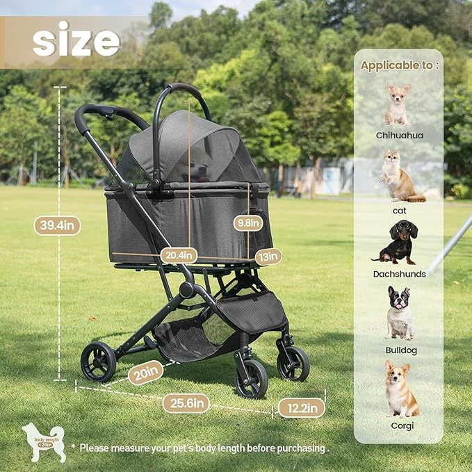 2 in 1 Dog Stroller Removable Basket Foldable Pet Pram 4 Wheel Travel Cart
