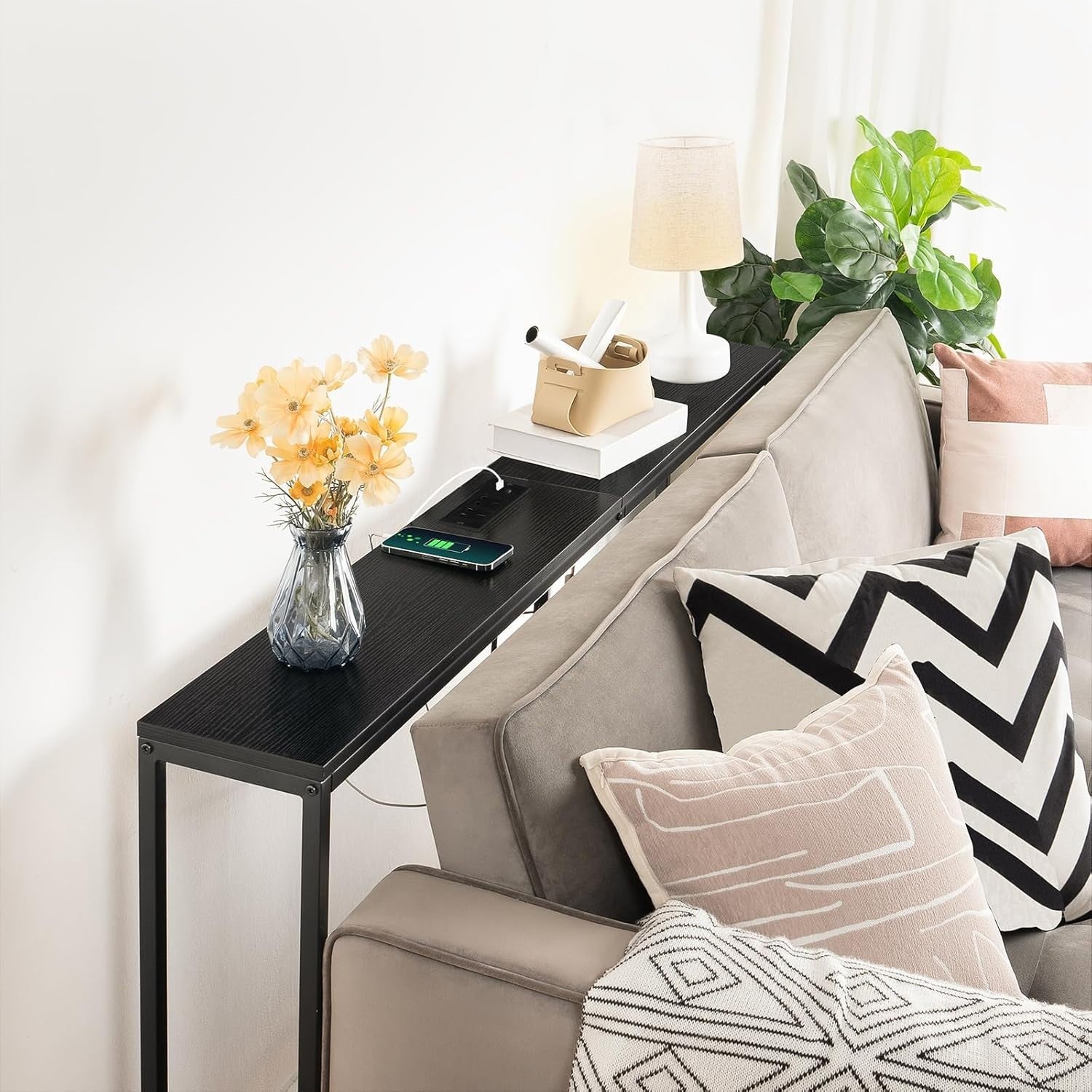 Narrow Console Table with Power Outlet USB Ports 180x20x80.5cm