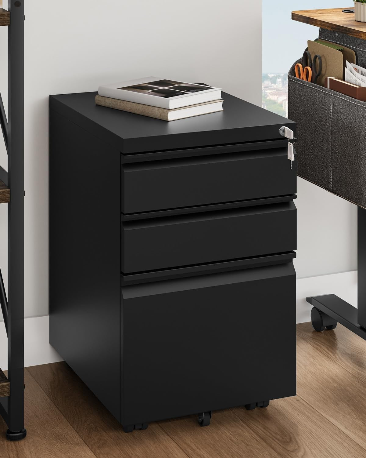 Lockable 3-Drawer Mobile Filing Cabinet Rolling Metal Office Storage 62cm