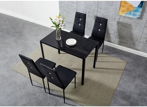 Modern Black Glass 120x80cm Dining Table Set with 4 Faux Leather Chairs