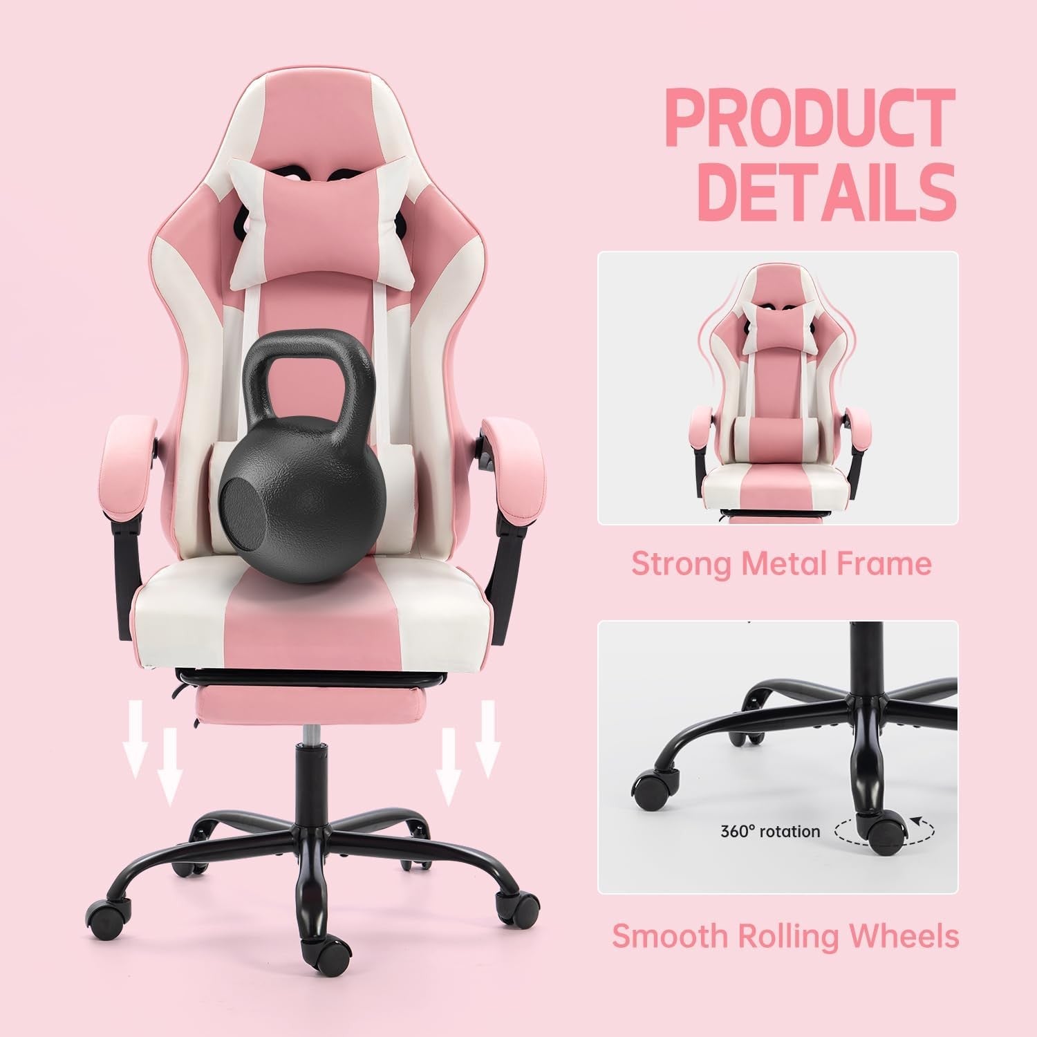 Pink Gaming Chair Recliner with Footrest High Back Swivel Desk Seat
