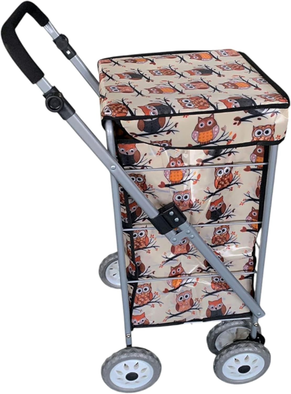 Foldable 6-Wheel Shopping Trolley 60L Lightweight Cart Beige Owl Print