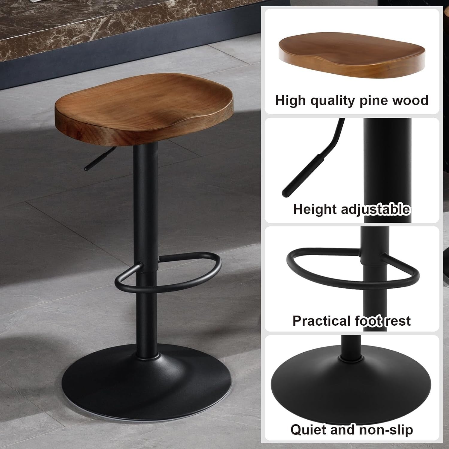 Height Adjustable Swivel Bar Stool with Solid Wood Seat & Footrest