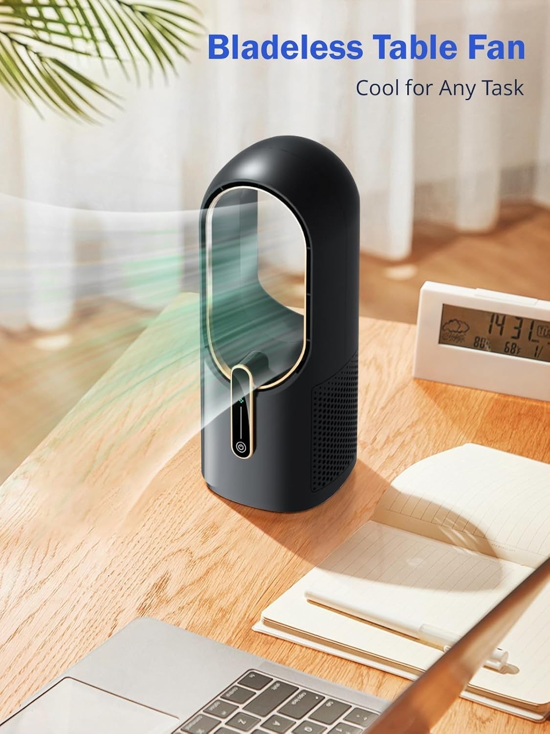 Bladeless Desk Fan Black – Portable Rechargeable Quiet Table Fan 3 Speeds Touch