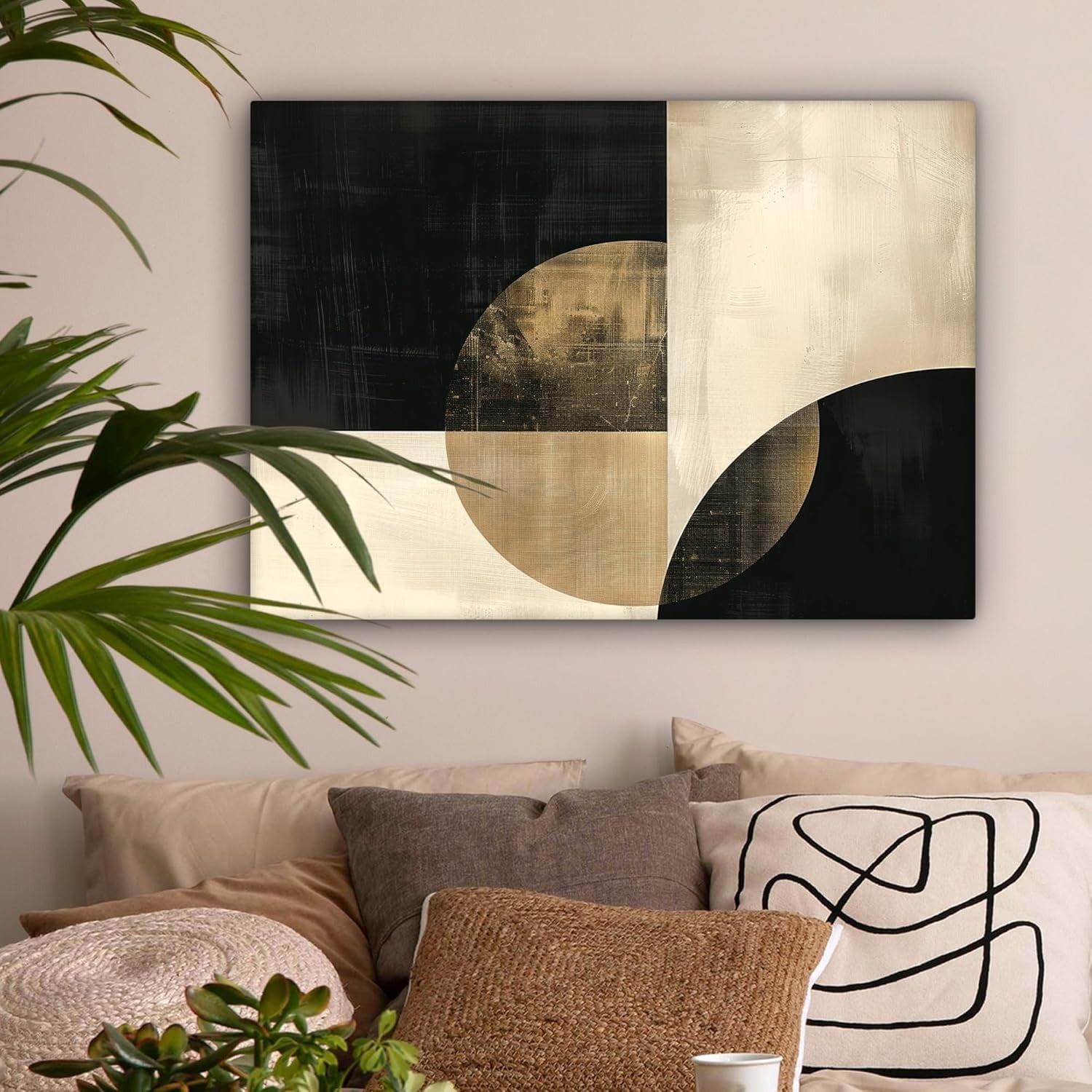 Abstract Circles Canvas Wall Art Black Gold Modern 80x60cm Living Room Decor