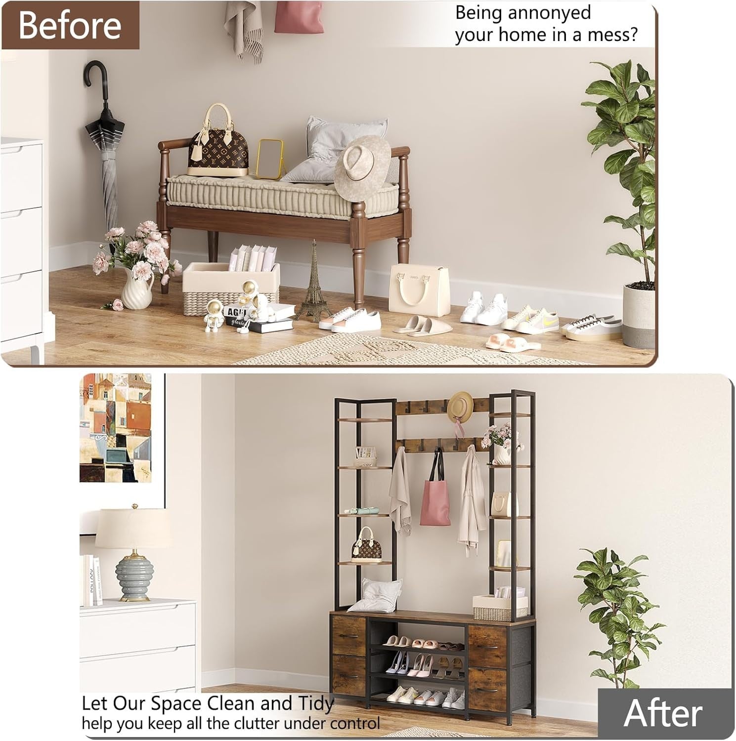 Large 5-in-1 Hall Tree Bench Coat Rack Shoe Storage Drawers Shelves 120x180cm